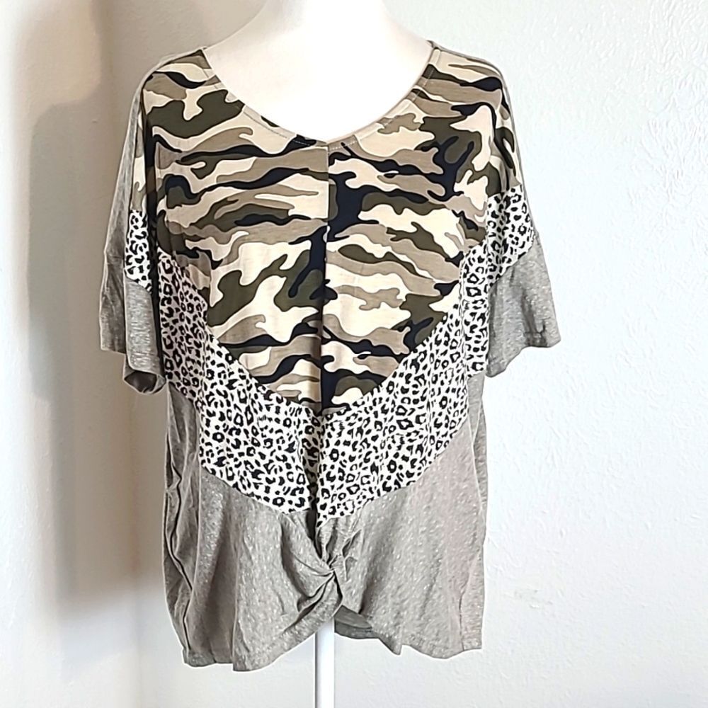 Gigio Tan Top, Camouflage & Leopard Print Accents & Cinched Knot, Size Small,NWT